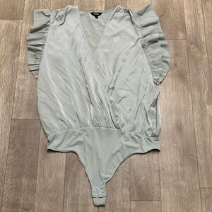 Womens‎ Express Ruffled Cap Sleeve Faux Wrap Thong Bodysuit